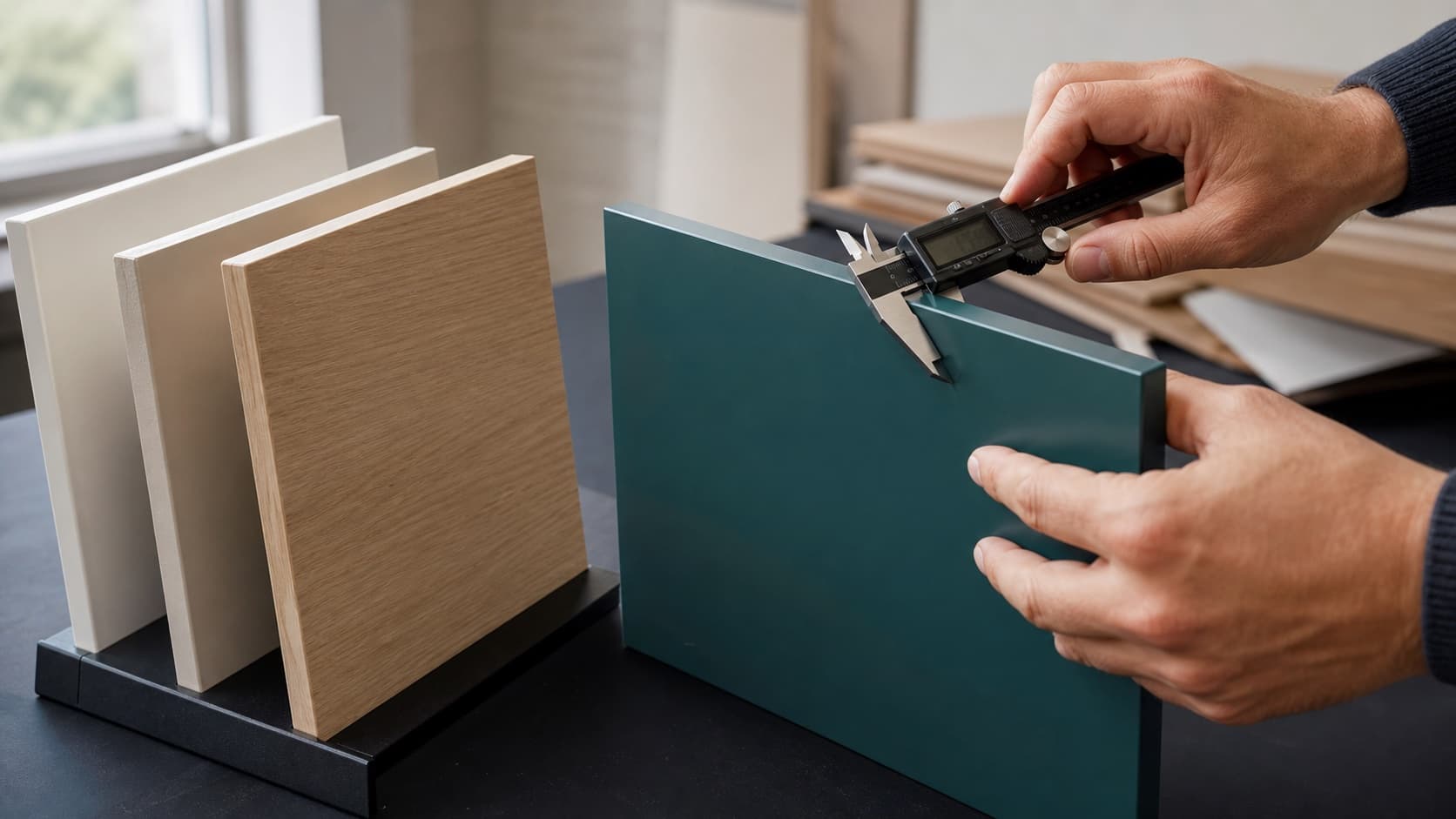 Materialstärke einer Front wird mit einem Messschieber geprüft