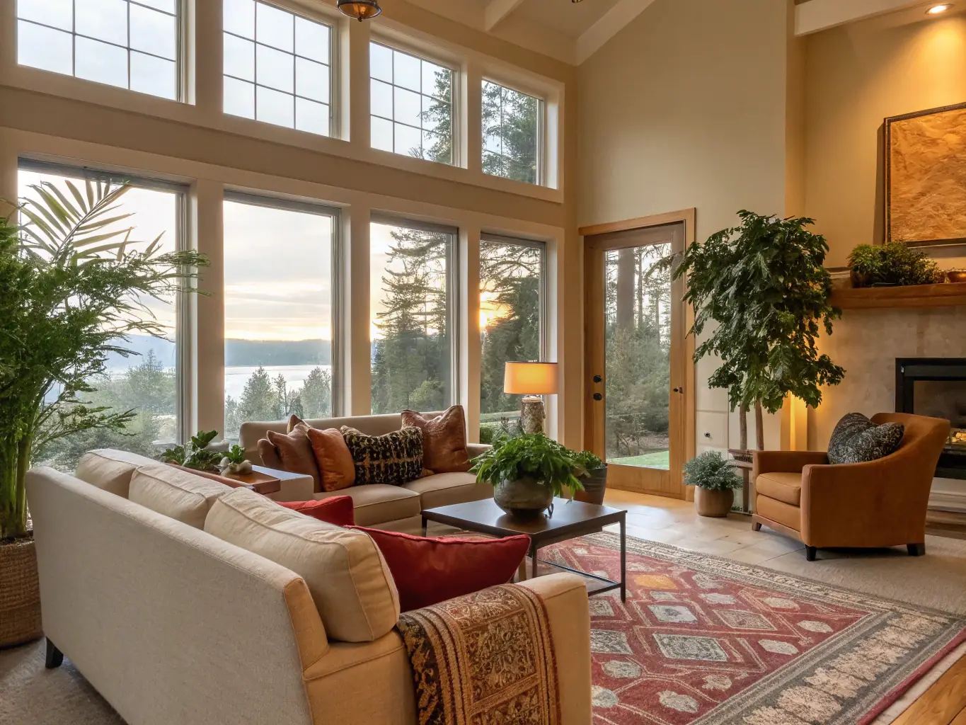 A cozy living room featuring IKEA furniture with custom fronts in a warm, natural wood finish. The room has a comfortable and inviting atmosphere, with plenty of natural light.