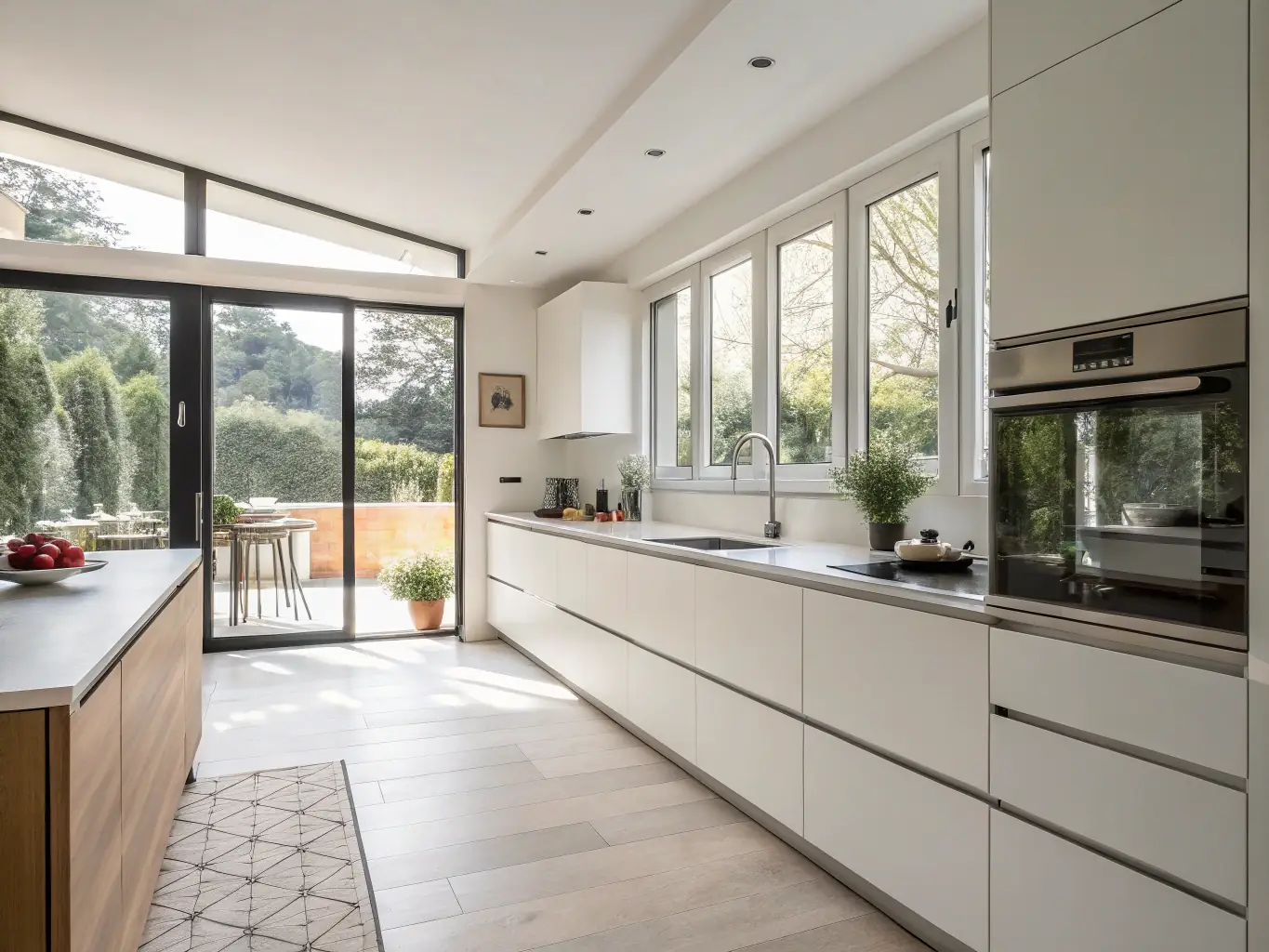A brightly lit, modern kitchen featuring IKEA cabinets with custom fronts in a sleek, minimalist design. The fronts are a light gray color, and the overall aesthetic is clean and inviting.