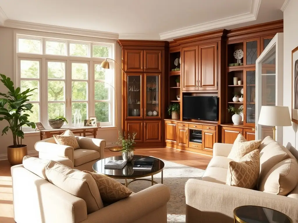 A photograph of a stylish living room featuring IKEA cabinets with Novafronten fronts, highlighting their modern aesthetic and functional design.